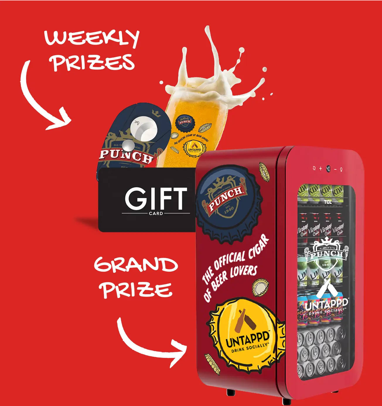 Weekly Prizes - Punch Swag. Grand Prize - Punch Mini Fridge